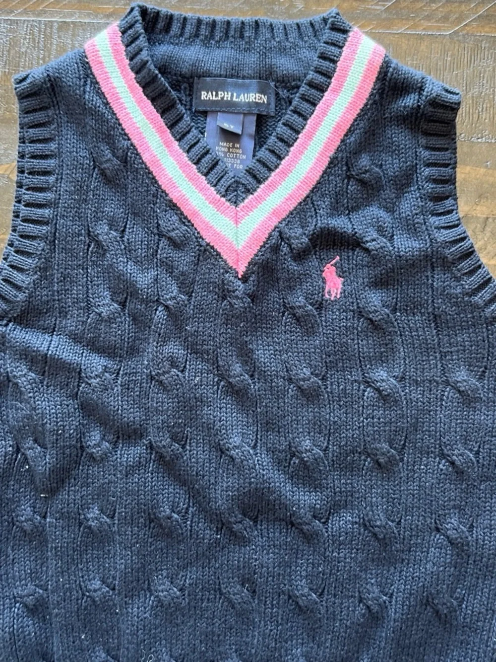 Ralph Lauren Navy Cable-Knit Vest with Pink and Mint Trim